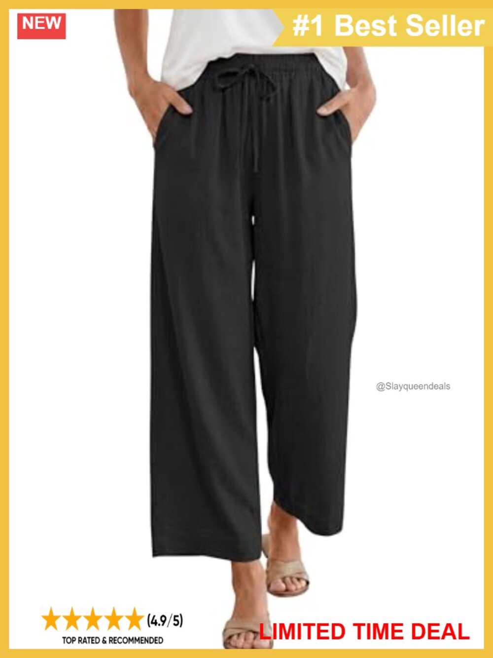 Wide Leg Palazzo Cropped Pants High Waist Drawstring Casual Trousers